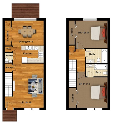 Floor plan for 2 beds, 2.5 baths, 1100 sqft